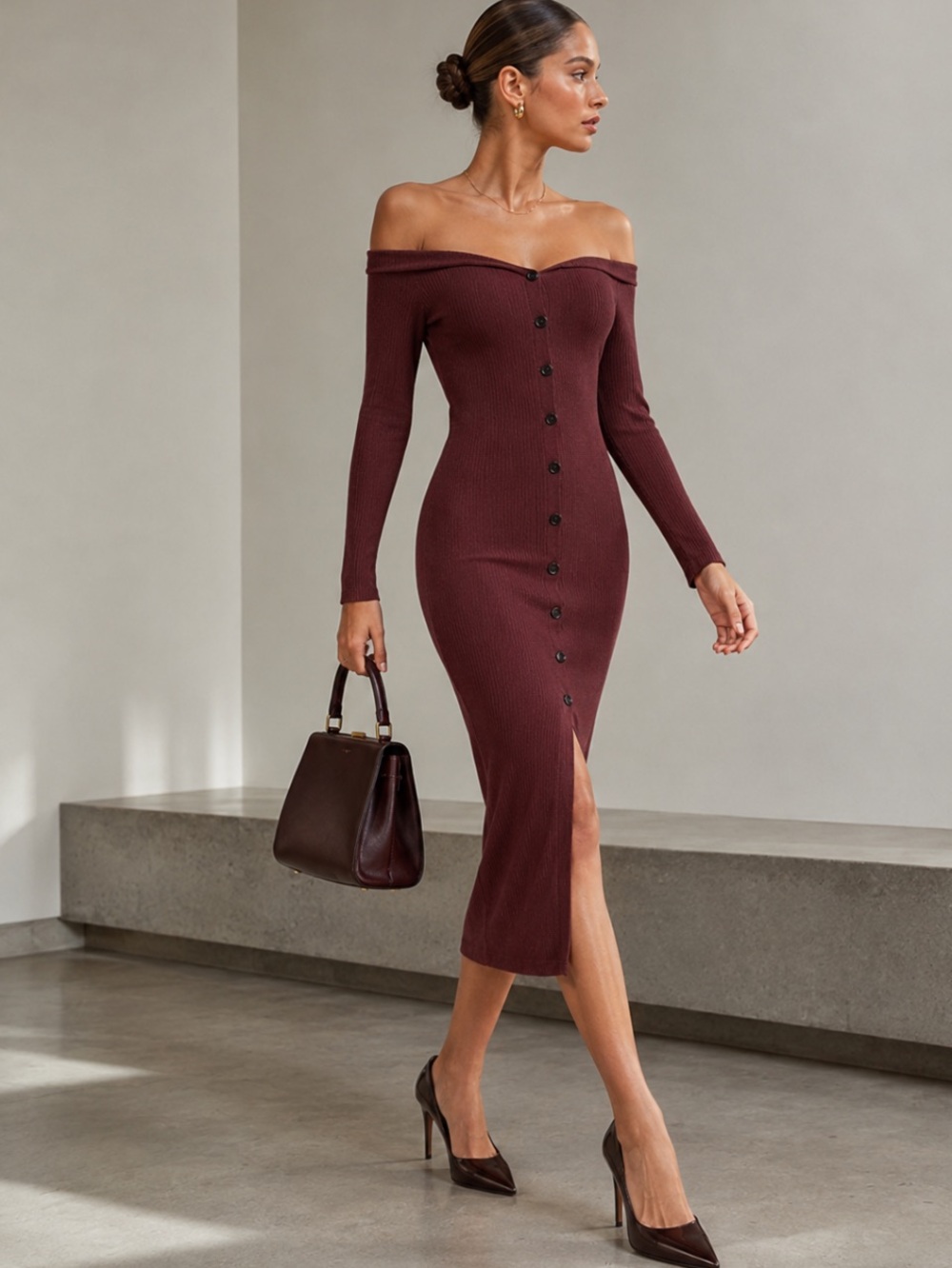 Reformation Cora Wine Ribbed Off Shoulder Button Front Midi Dress Size S